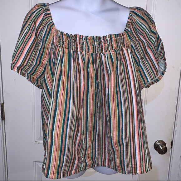 JoySpun peasant top smocked Neck 3x 22/24 Tropical Stripe Coral Teal - Picture 1 of 14